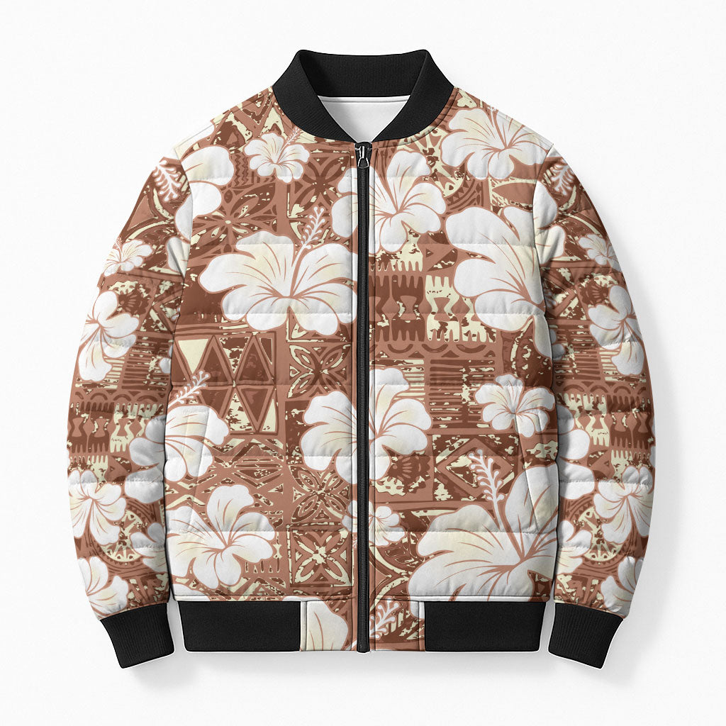 Brown Bula Fiji Masi Hibiscus Seamless Bomber Puffer Jacket