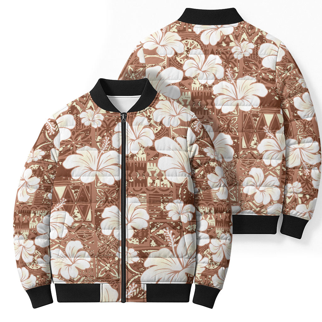 Brown Bula Fiji Masi Hibiscus Seamless Bomber Puffer Jacket
