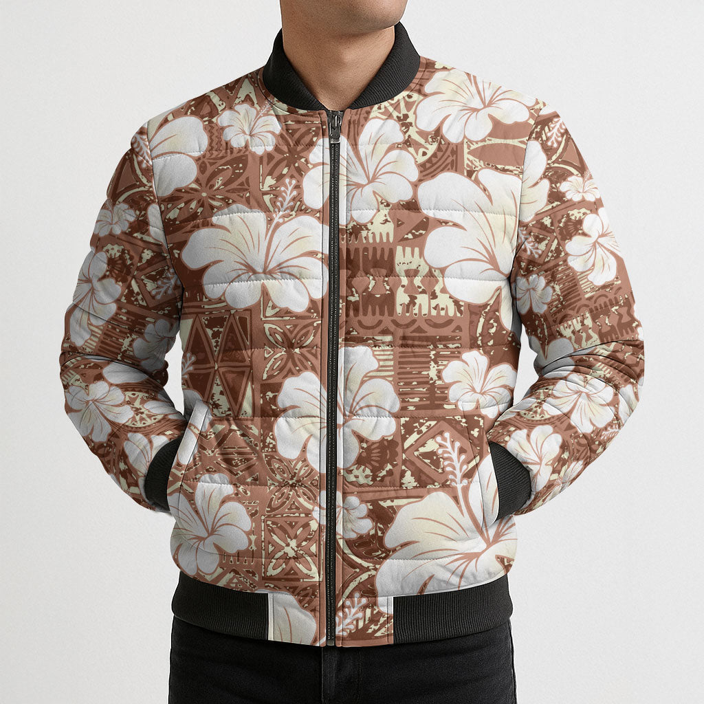 Brown Bula Fiji Masi Hibiscus Seamless Bomber Puffer Jacket