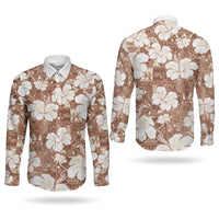 Brown Bula Fiji Masi Hibiscus Seamless Couples Matching Off Shoulder Short Dress and Long Sleeve Button Shirt