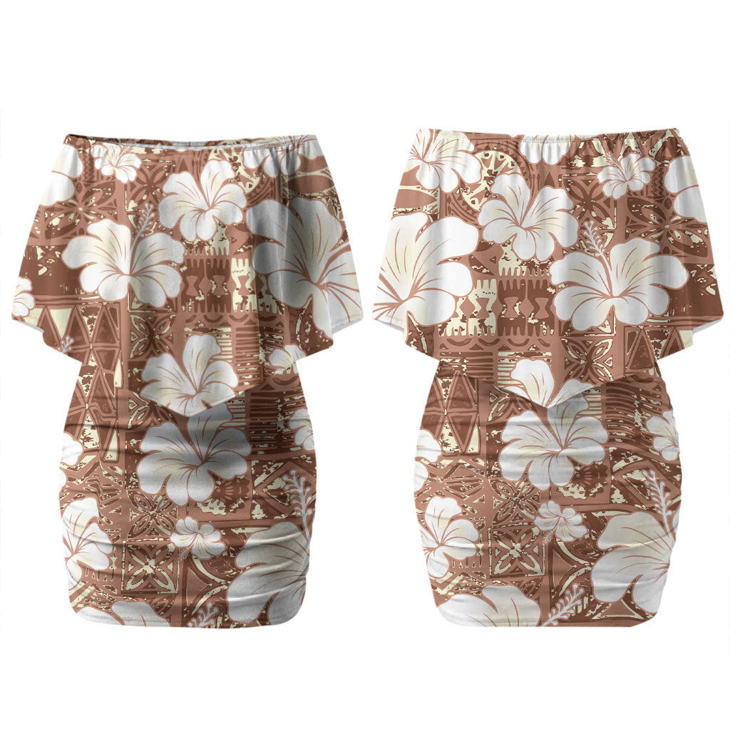Brown Bula Fiji Masi Hibiscus Seamless Couples Matching Off Shoulder Short Dress and Long Sleeve Button Shirt