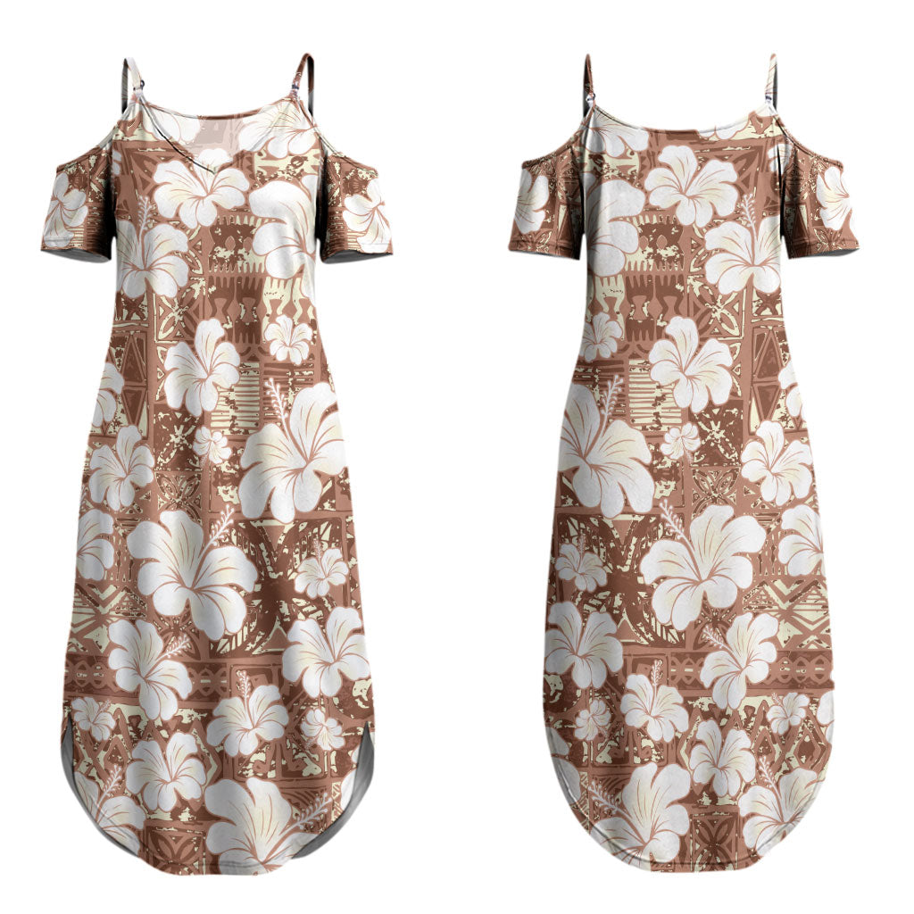 Brown Bula Fiji Masi Hibiscus Seamless Couples Matching Summer Maxi Dress and Long Sleeve Button Shirt