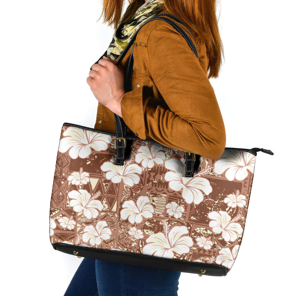 Brown Bula Fiji Masi Hibiscus Seamless Leather Tote Bag