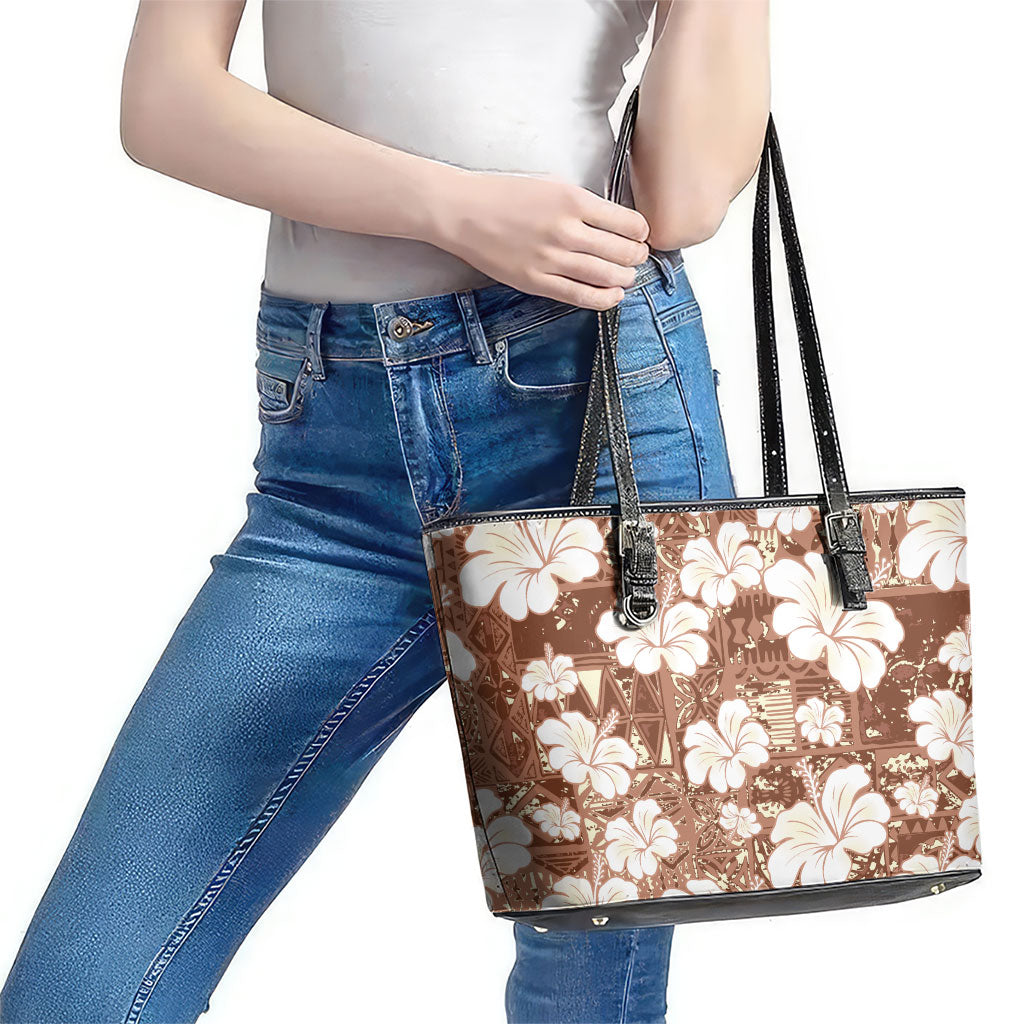 Brown Bula Fiji Masi Hibiscus Seamless Leather Tote Bag