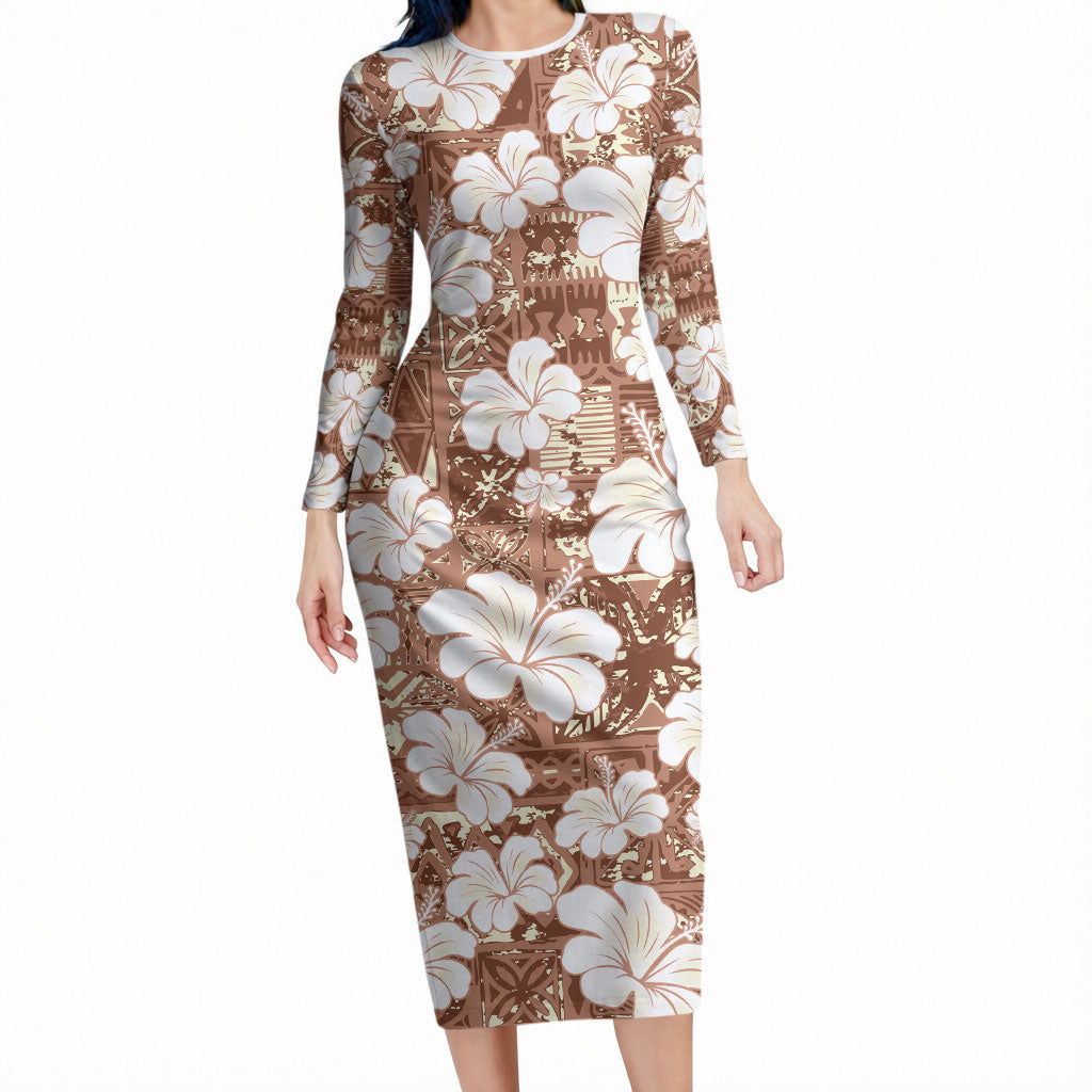 Brown Bula Fiji Masi Hibiscus Seamless Long Sleeve Bodycon Dress
