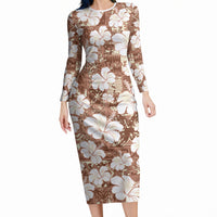Brown Bula Fiji Masi Hibiscus Seamless Long Sleeve Bodycon Dress