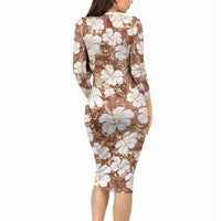 Brown Bula Fiji Masi Hibiscus Seamless Long Sleeve Bodycon Dress