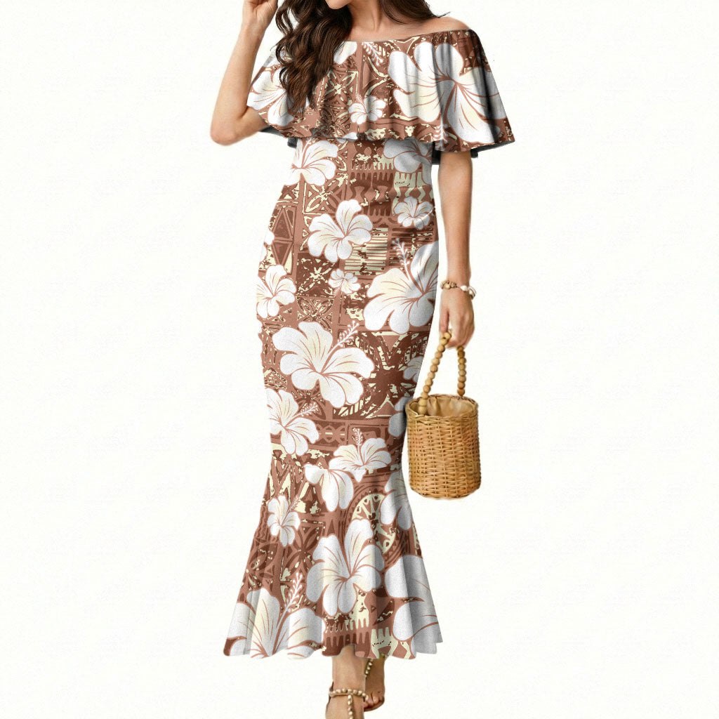 Brown Bula Fiji Masi Hibiscus Seamless Mermaid Dress