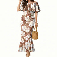 Brown Bula Fiji Masi Hibiscus Seamless Mermaid Dress