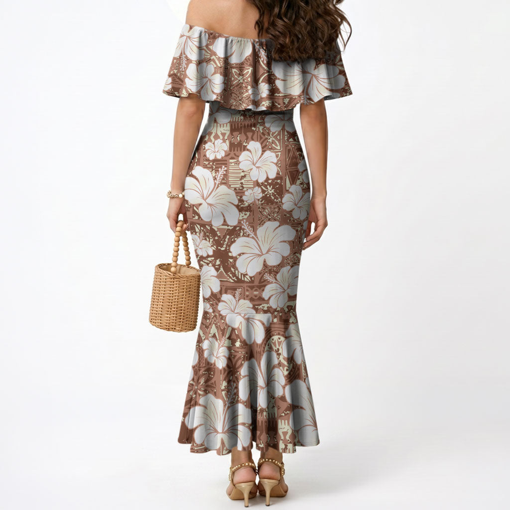 Brown Bula Fiji Masi Hibiscus Seamless Mermaid Dress