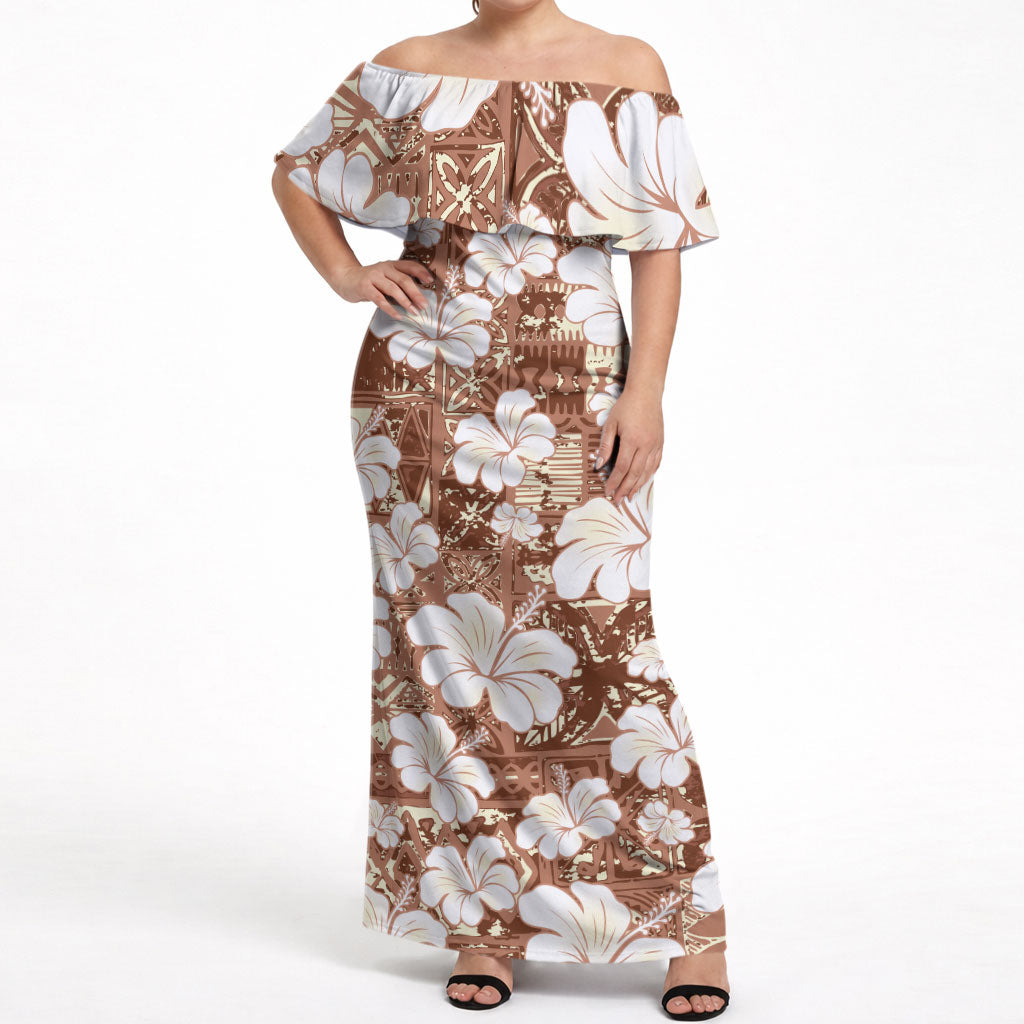 Brown Bula Fiji Masi Hibiscus Seamless Off Shoulder Maxi Dress