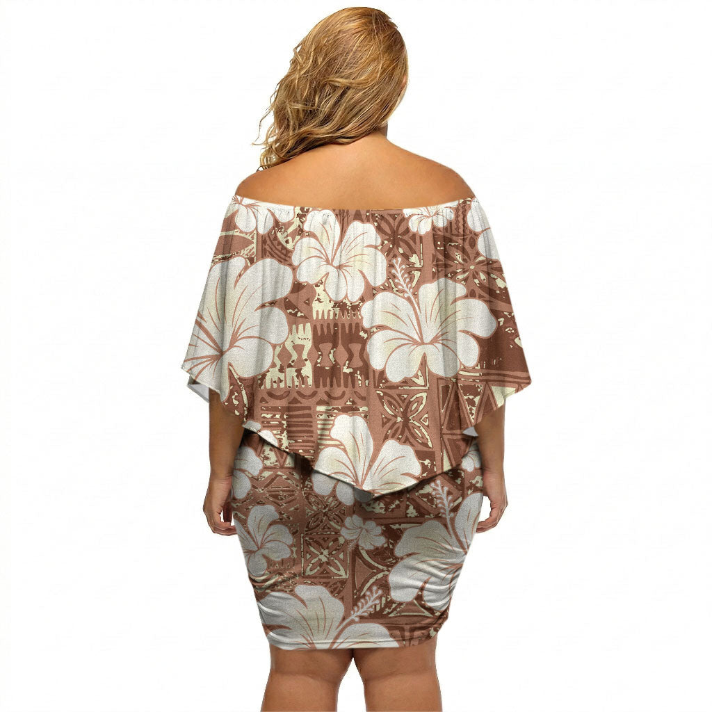 Brown Bula Fiji Masi Hibiscus Seamless Off Shoulder Short Dress