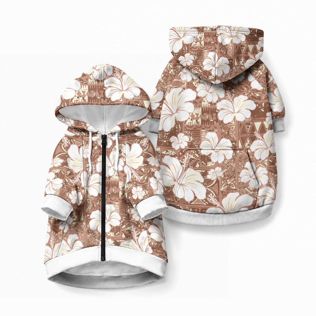 Brown Bula Fiji Masi Hibiscus Seamless Pet Hoodie