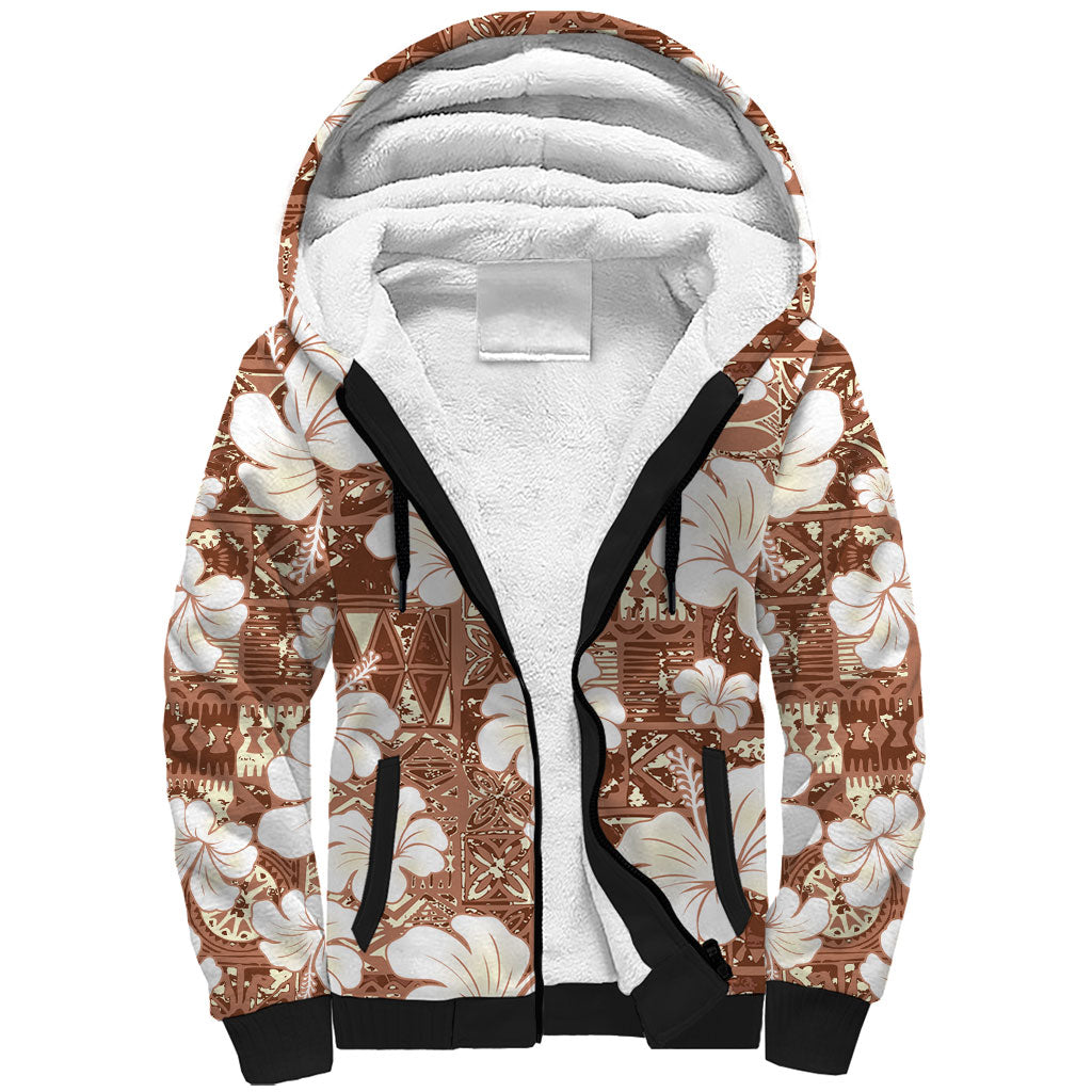 Brown Bula Fiji Masi Hibiscus Seamless Sherpa Hoodie