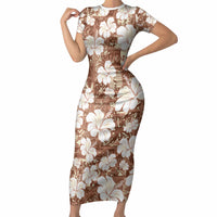 Brown Bula Fiji Masi Hibiscus Seamless Short Sleeve Bodycon Dress