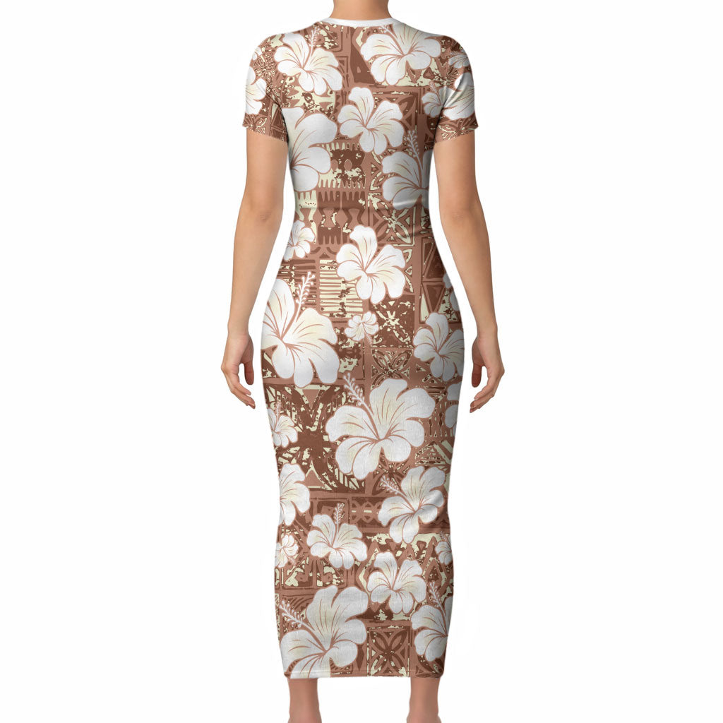 Brown Bula Fiji Masi Hibiscus Seamless Short Sleeve Bodycon Dress