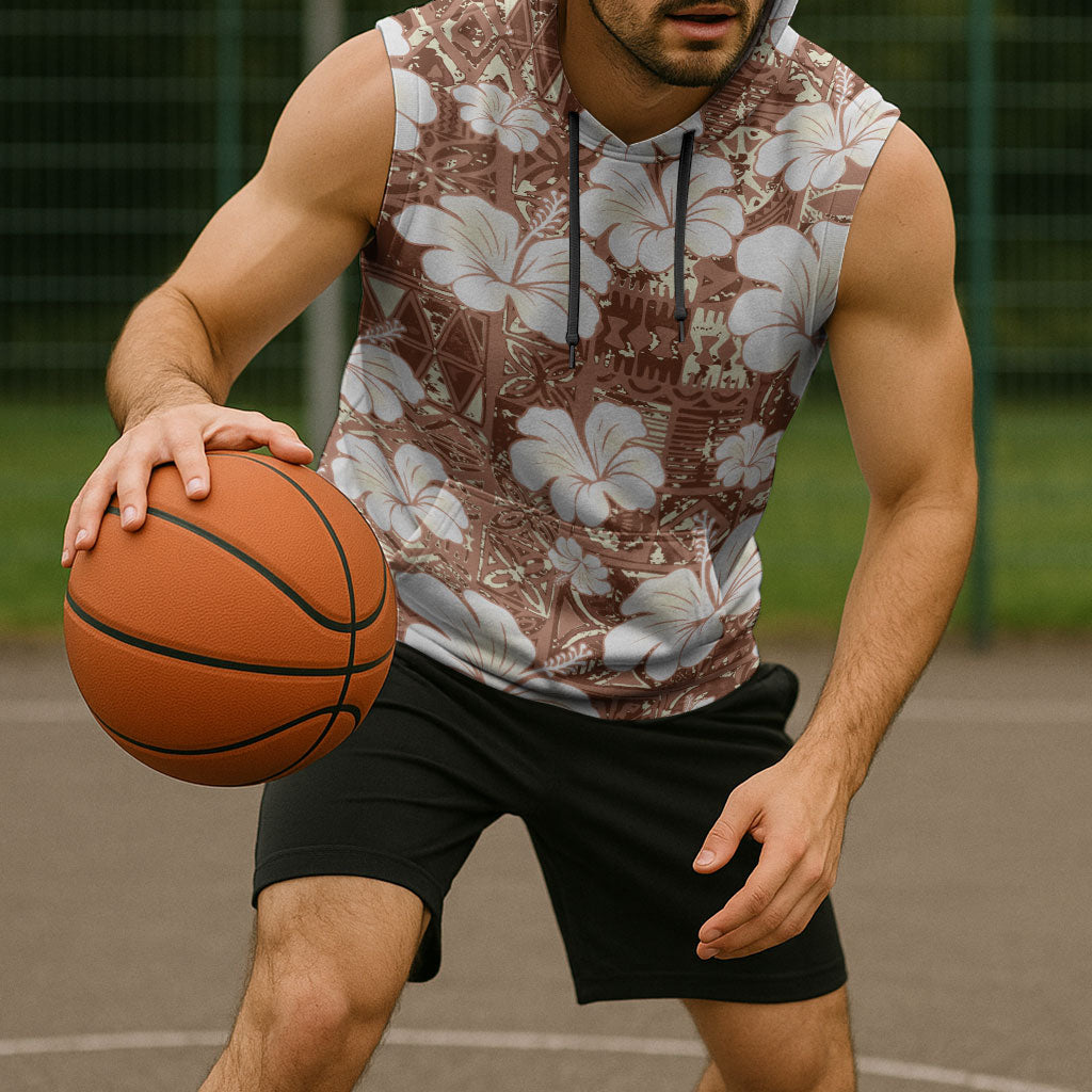 Brown Bula Fiji Masi Hibiscus Seamless Sleeveless Hoodie