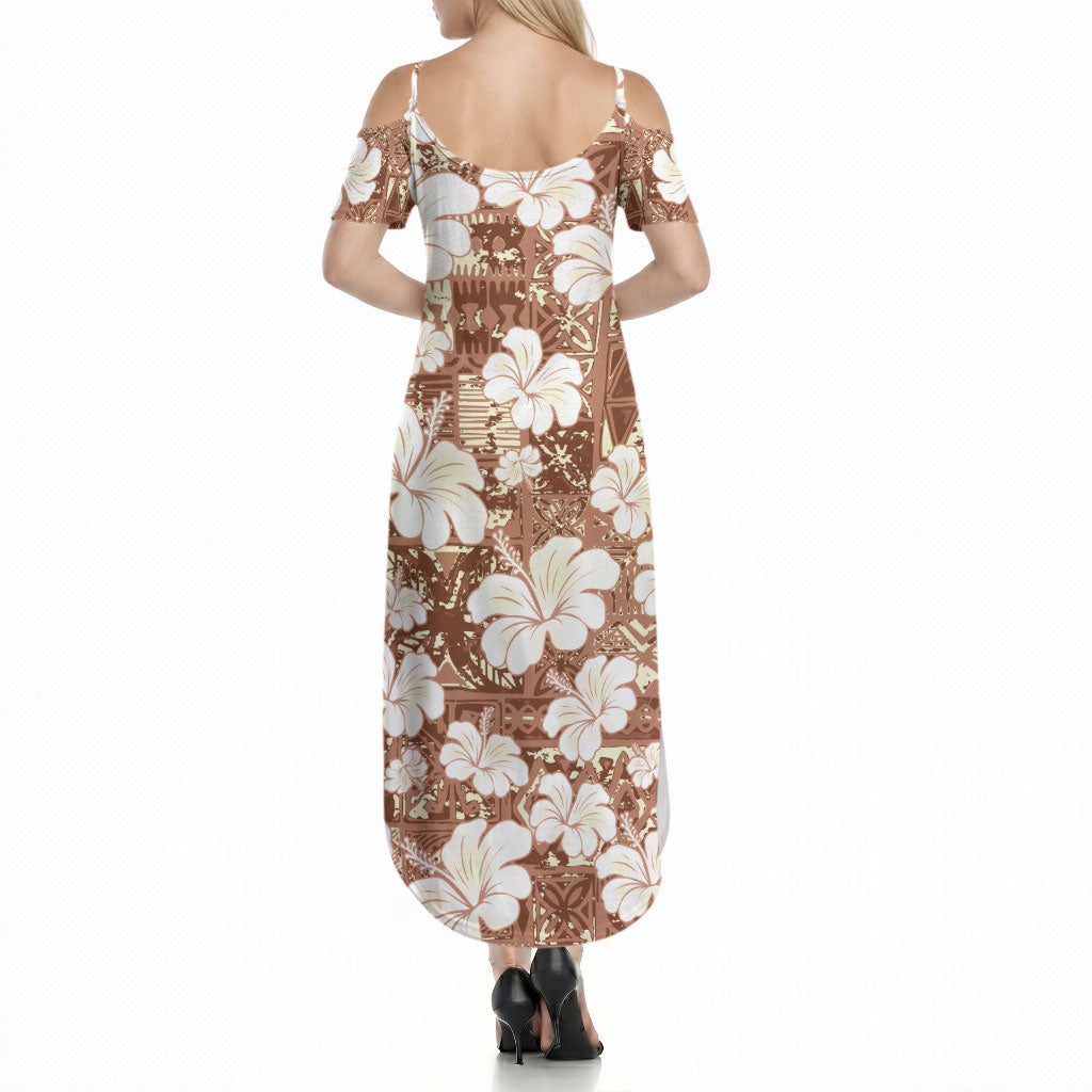 Brown Bula Fiji Masi Hibiscus Seamless Summer Maxi Dress