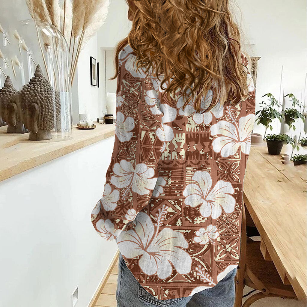 Brown Bula Fiji Masi Hibiscus Seamless Women Casual Shirt