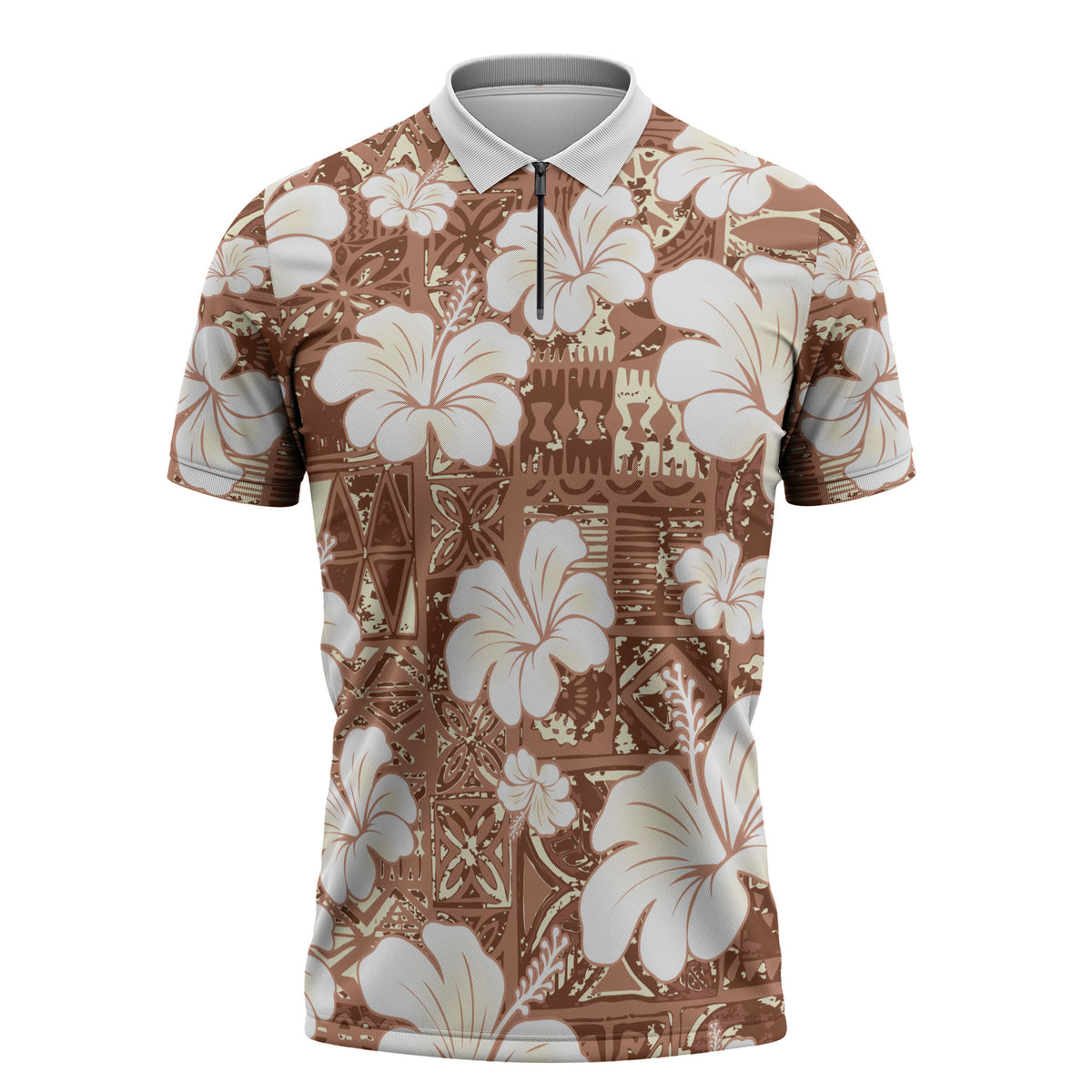 Brown Bula Fiji Masi Hibiscus Seamless Zipper Polo Shirt