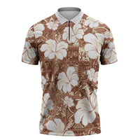 Brown Bula Fiji Masi Hibiscus Seamless Zipper Polo Shirt