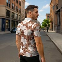 Brown Bula Fiji Masi Hibiscus Seamless Zipper Polo Shirt