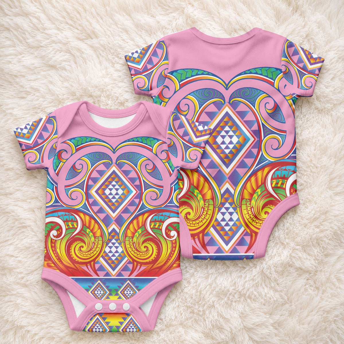 Rainbow Ngaru Taniko With Aotearoa Maori Tattoo Baby Onesie