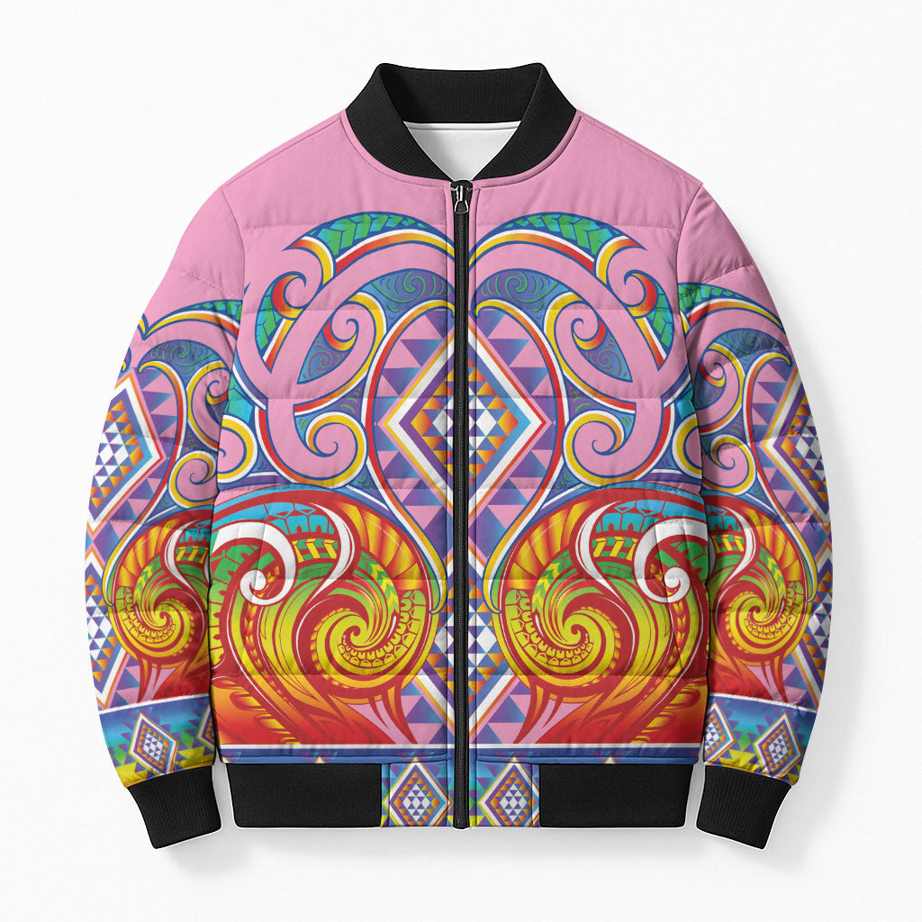 Rainbow Ngaru Taniko With Aotearoa Maori Tattoo Bomber Puffer Jacket