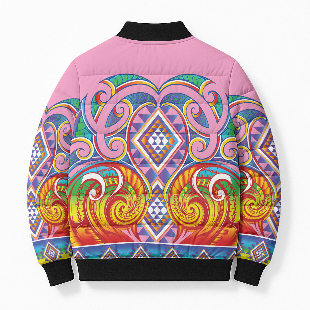Rainbow Ngaru Taniko With Aotearoa Maori Tattoo Bomber Puffer Jacket