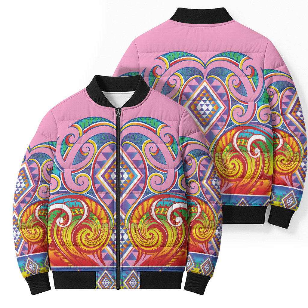 Rainbow Ngaru Taniko With Aotearoa Maori Tattoo Bomber Puffer Jacket