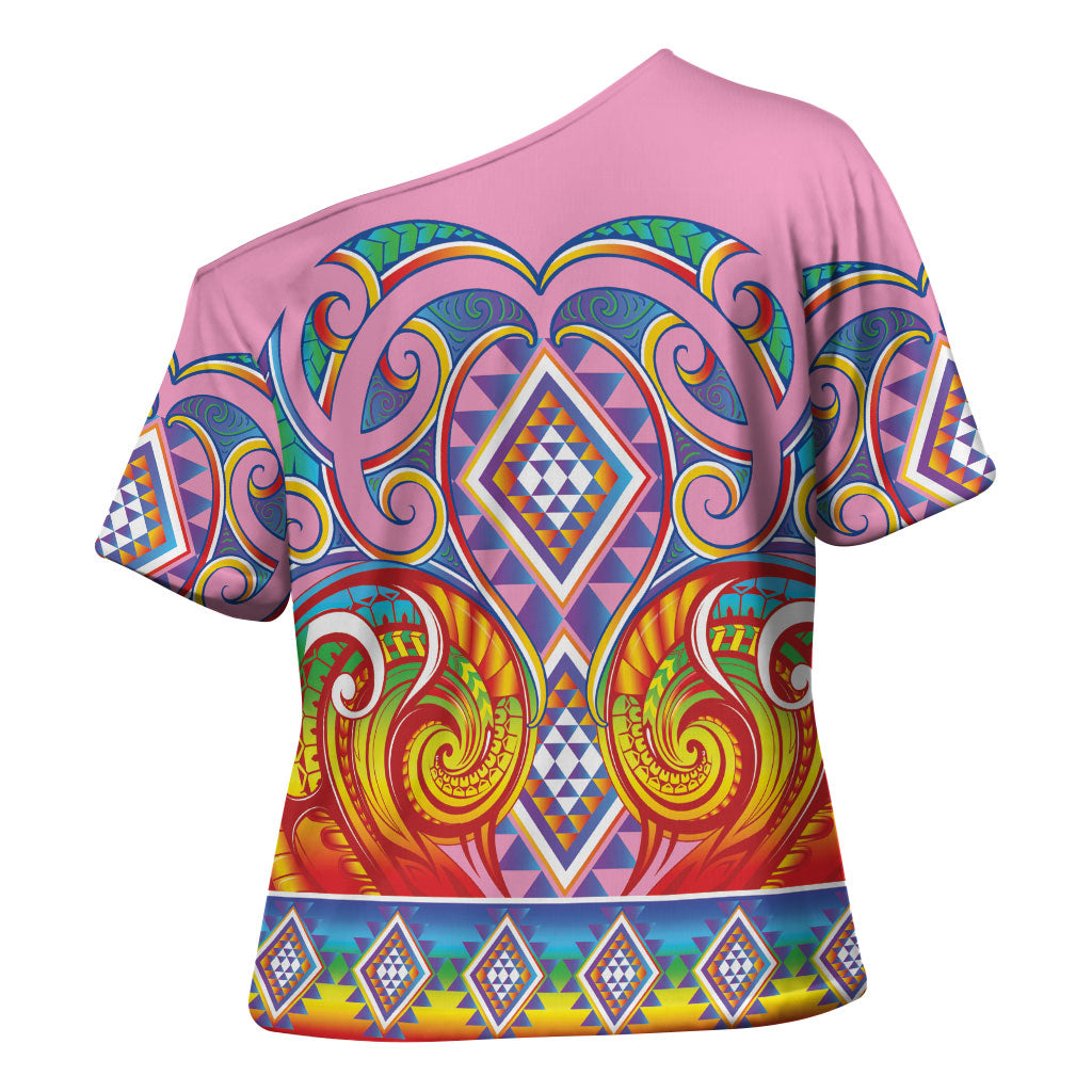 Rainbow Ngaru Taniko With Aotearoa Maori Tattoo Cross Shoulder Shirt