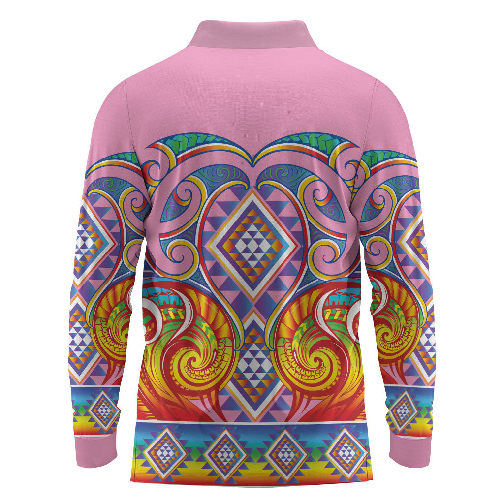 Rainbow Ngaru Taniko With Aotearoa Maori Tattoo Long Sleeve Polo Shirt