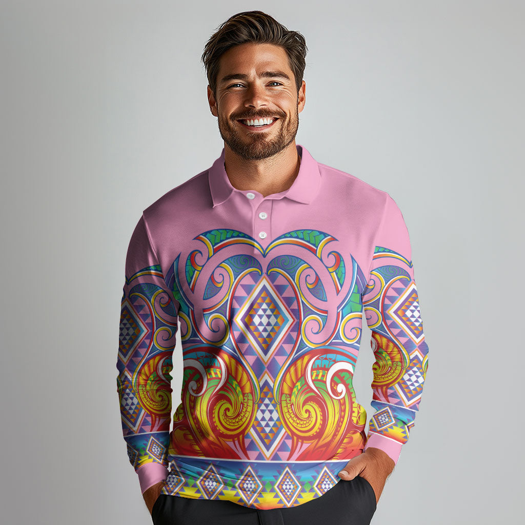 Rainbow Ngaru Taniko With Aotearoa Maori Tattoo Long Sleeve Polo Shirt