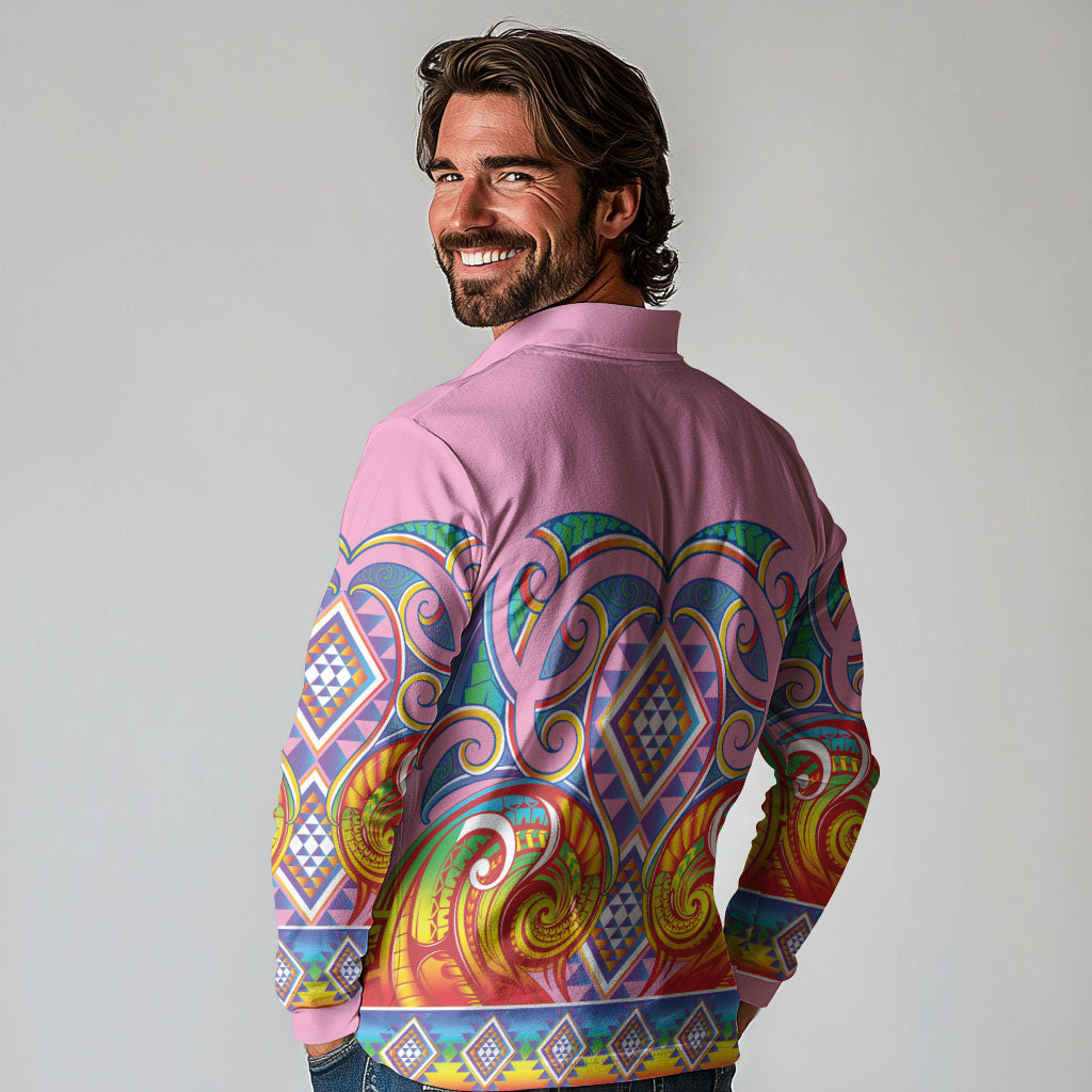 Rainbow Ngaru Taniko With Aotearoa Maori Tattoo Long Sleeve Polo Shirt