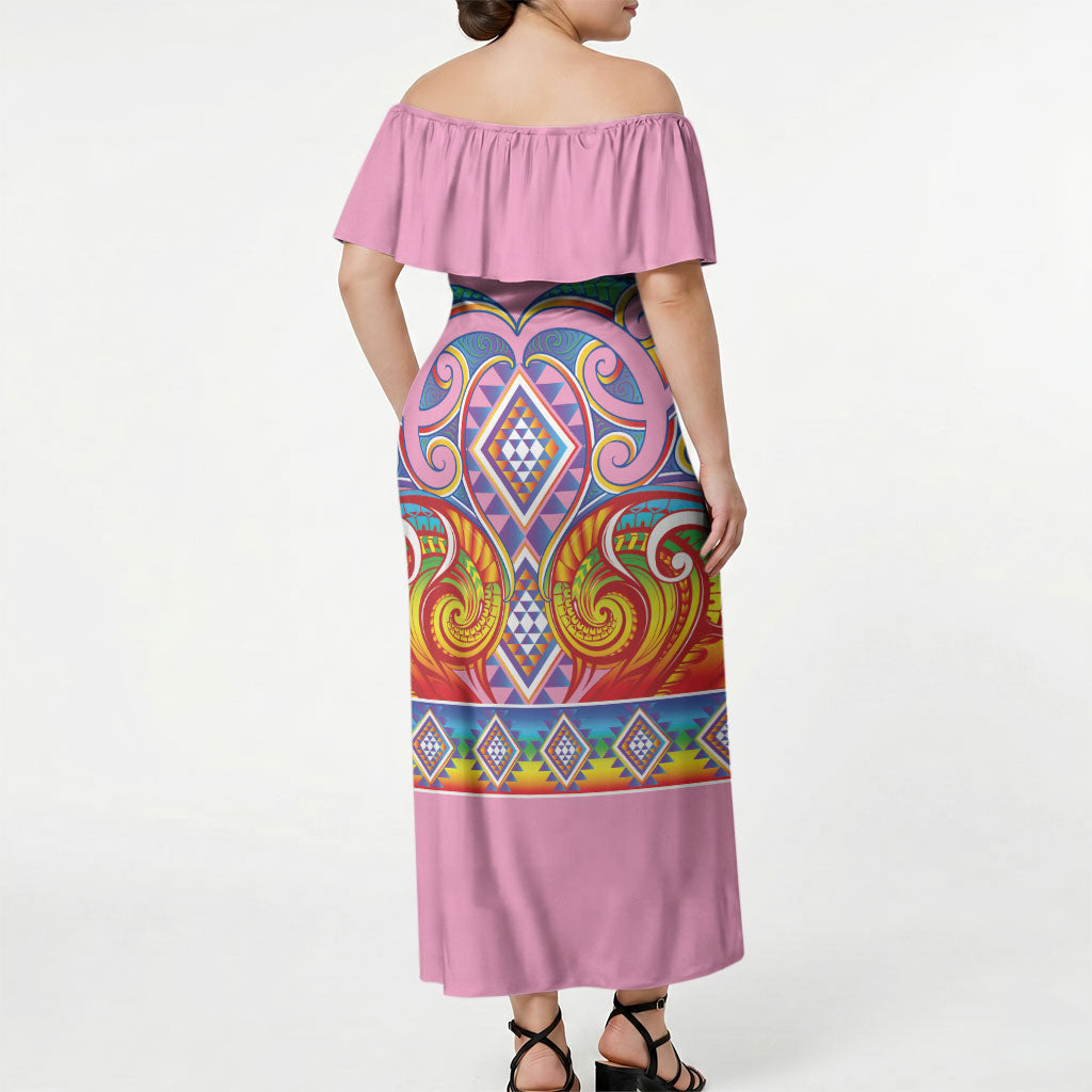 Rainbow Ngaru Taniko With Aotearoa Maori Tattoo Off Shoulder Maxi Dress