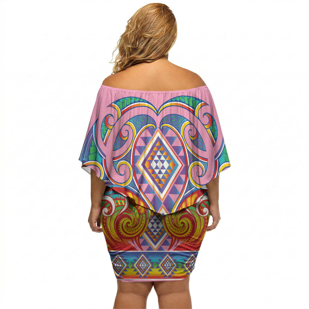 Rainbow Ngaru Taniko With Aotearoa Maori Tattoo Off Shoulder Short Dress