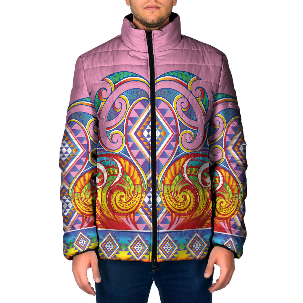 Rainbow Ngaru Taniko With Aotearoa Maori Tattoo Padded Jacket