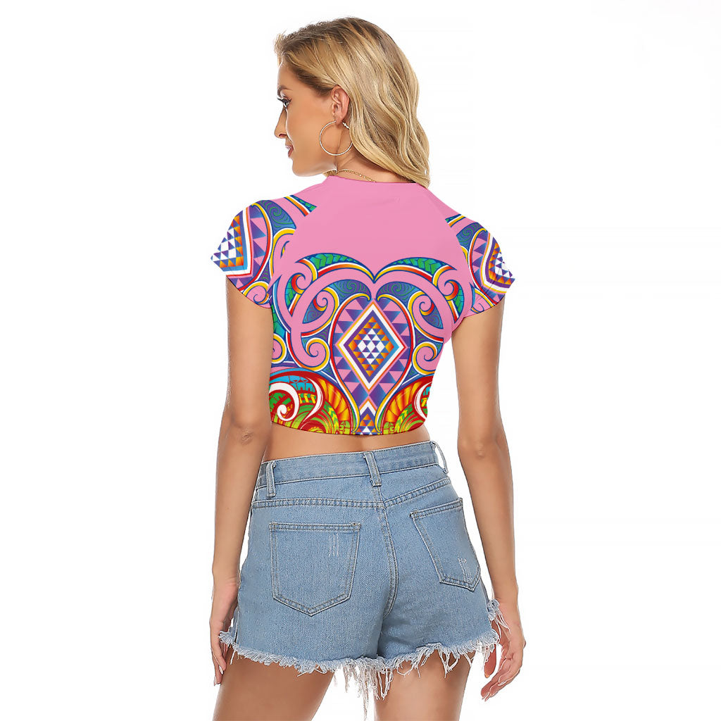 Rainbow Ngaru Taniko With Aotearoa Maori Tattoo Raglan Cropped T Shirt
