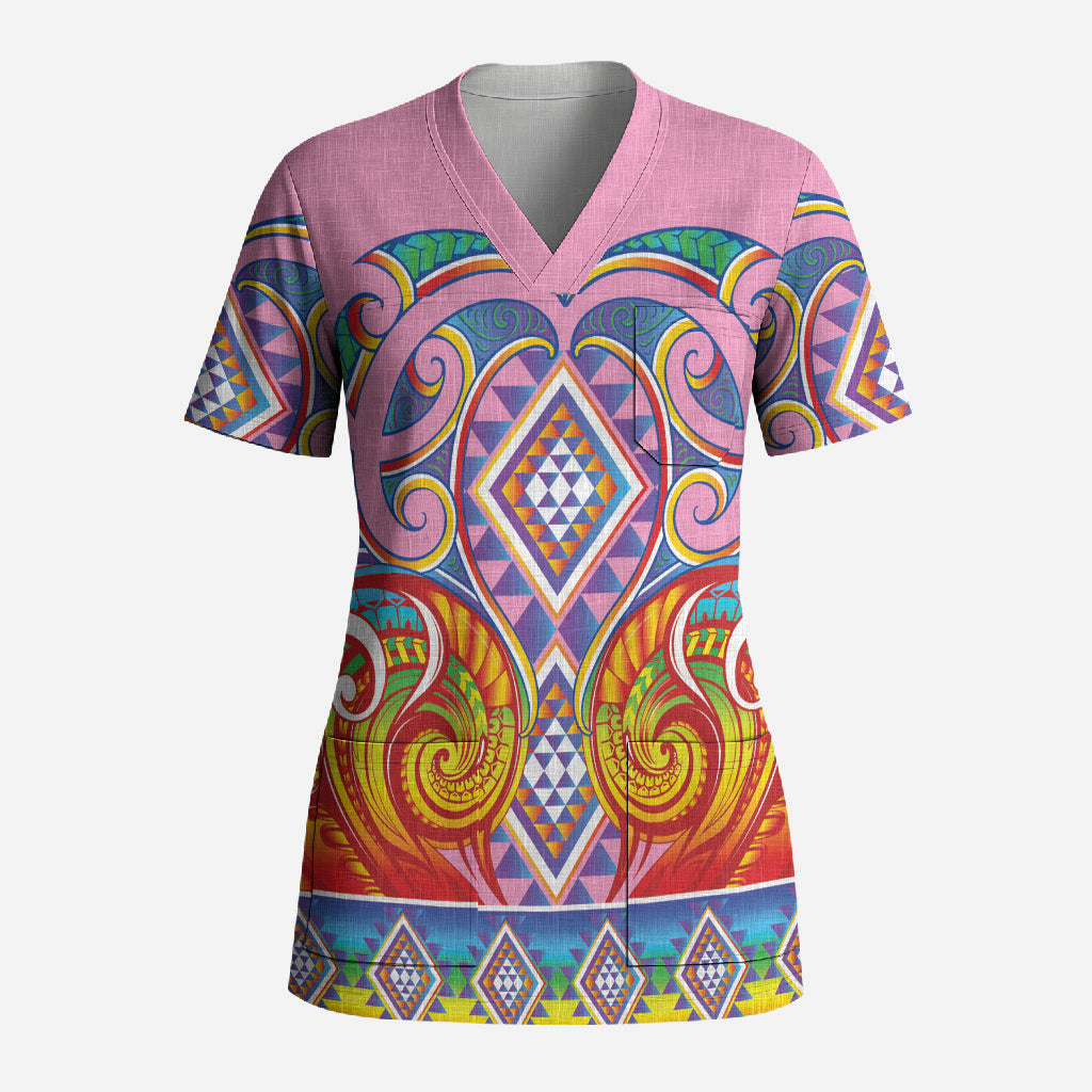 Rainbow Ngaru Taniko With Aotearoa Maori Tattoo Scrub Top