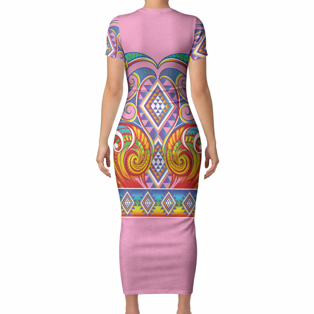 Rainbow Ngaru Taniko With Aotearoa Maori Tattoo Short Sleeve Bodycon Dress