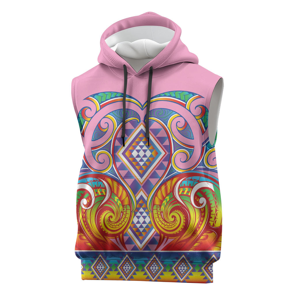 Rainbow Ngaru Taniko With Aotearoa Maori Tattoo Sleeveless Hoodie