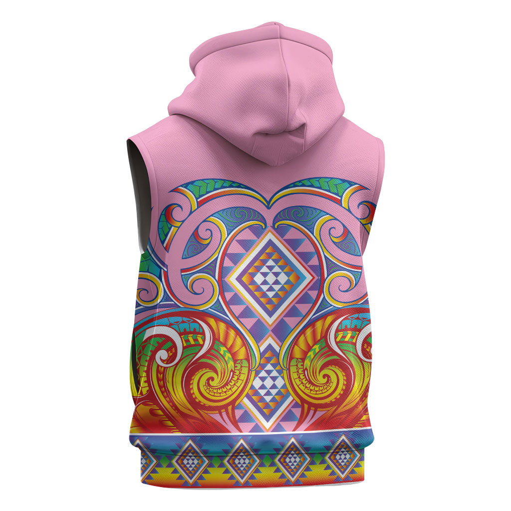 Rainbow Ngaru Taniko With Aotearoa Maori Tattoo Sleeveless Zip Hoodie