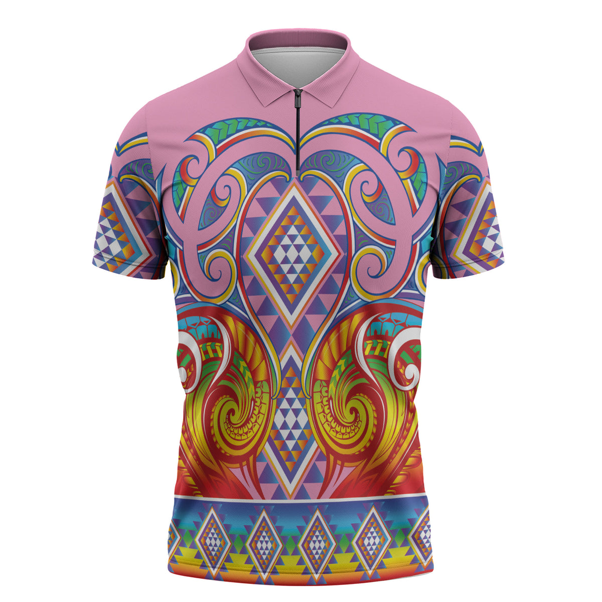 Rainbow Ngaru Taniko With Aotearoa Maori Tattoo Zipper Polo Shirt