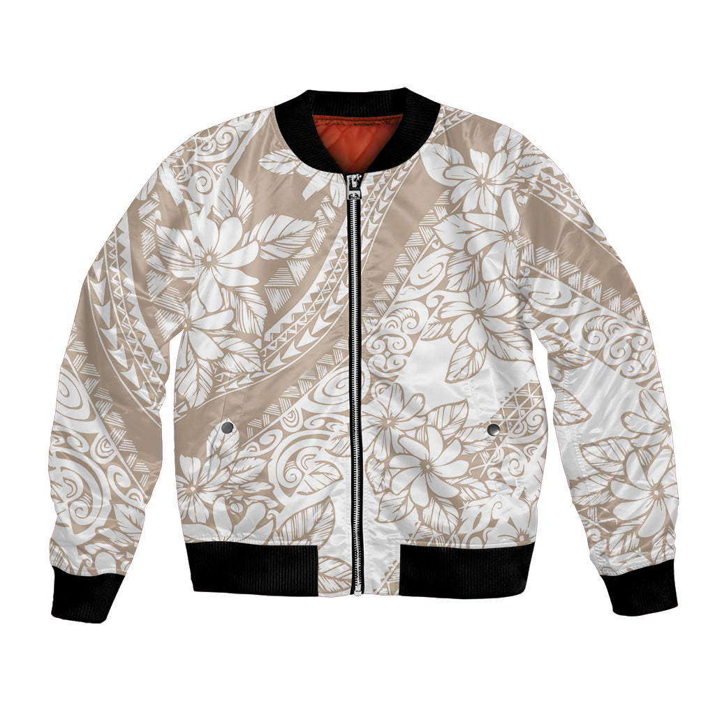 Polynesia Bomber Jacket Polynesian Tropical Flowers Beige Pastel Vibes LT14 Unisex Beige - Polynesian Pride