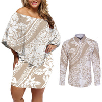 Polynesia Couples Matching Off Shoulder Short Dress and Long Sleeve Button Shirts Polynesian Tropical Flowers Beige Pastel Vibes LT14 Beige - Polynesian Pride