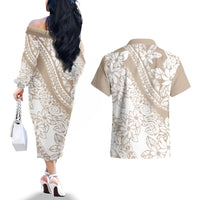 Polynesia Couples Matching Off The Shoulder Long Sleeve Dress and Hawaiian Shirt Polynesian Tropical Flowers Beige Pastel Vibes LT14 - Polynesian Pride