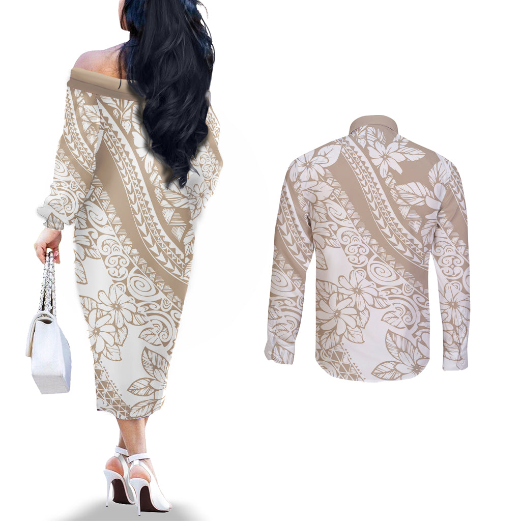Polynesia Couples Matching Off The Shoulder Long Sleeve Dress and Long Sleeve Button Shirts Polynesian Tropical Flowers Beige Pastel Vibes LT14 - Polynesian Pride