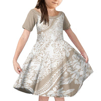 Polynesia Kid Short Sleeve Dress Polynesian Tropical Flowers Beige Pastel Vibes LT14 KID Beige - Polynesian Pride