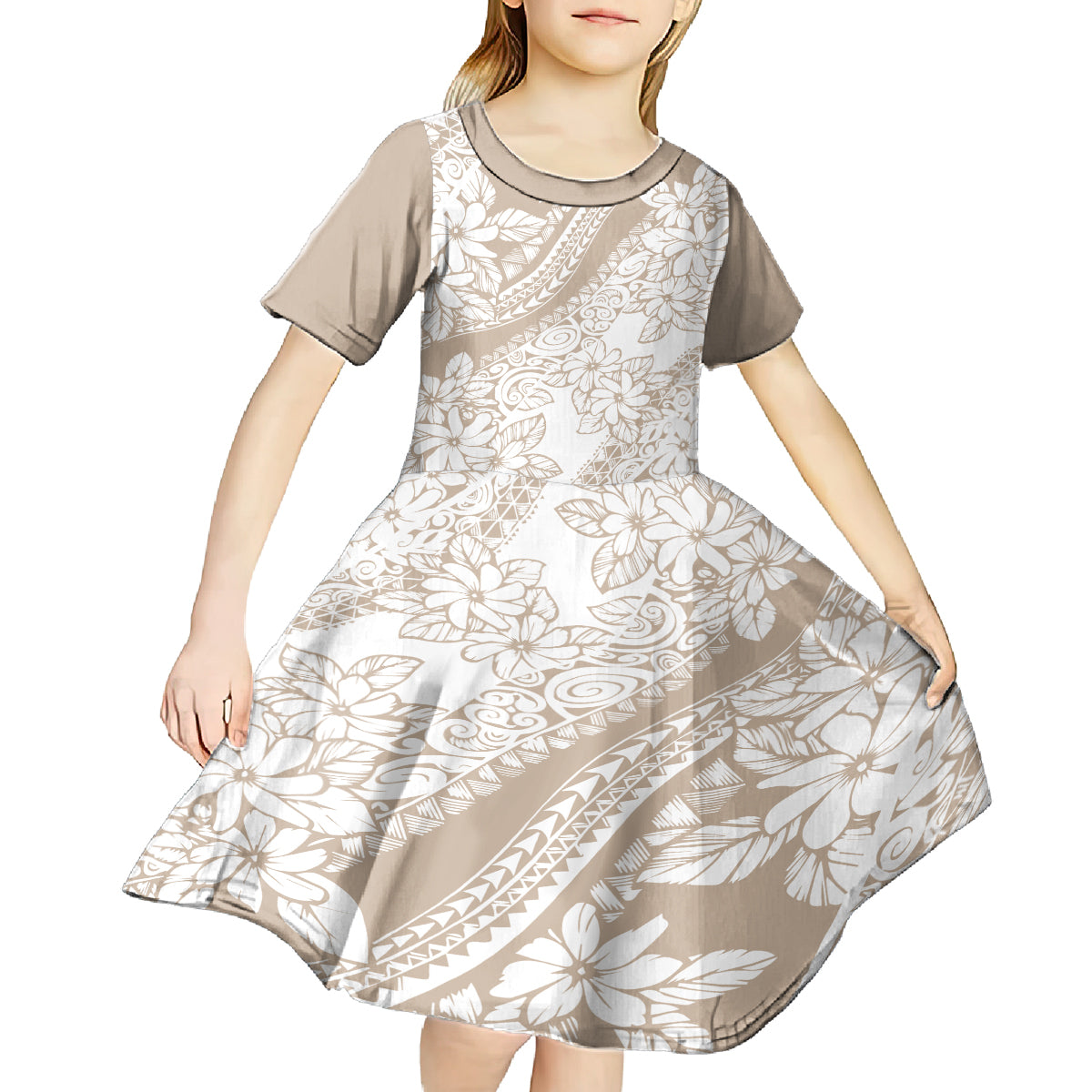 Polynesia Kid Short Sleeve Dress Polynesian Tropical Flowers Beige Pastel Vibes LT14 - Polynesian Pride