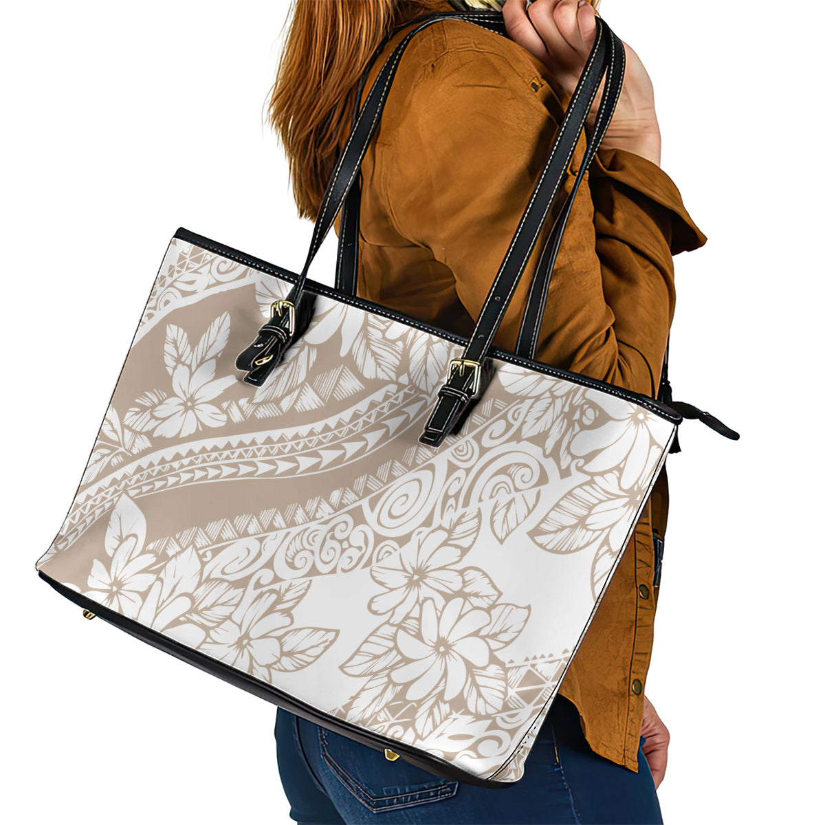 Polynesia Leather Tote Bag Polynesian Tropical Flowers Begie Pastel Vibes LT14 - Polynesian Pride